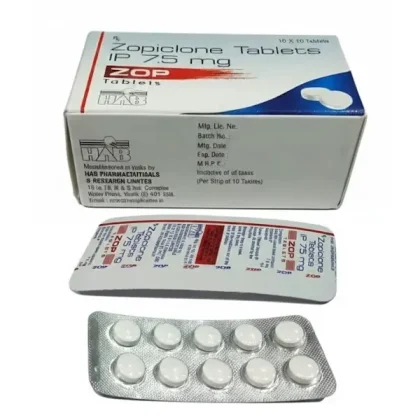 Zopiclone 7.5 mg Zop white tablets with box and blister pack